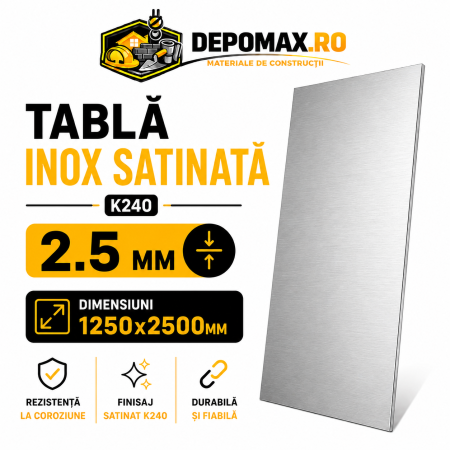 Tabla inox satinata K240 AISI 304/304L, 2.5 x 1250 x 2500 mm, 3.125 mp
